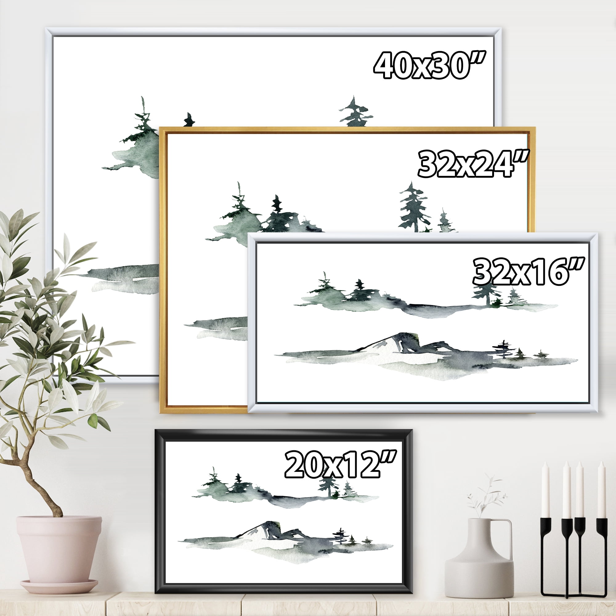 Trees With Winter Dark Blue Mountain Landscape I 40 in x 30 in Framed Painting Canvas Art Print, by Designart