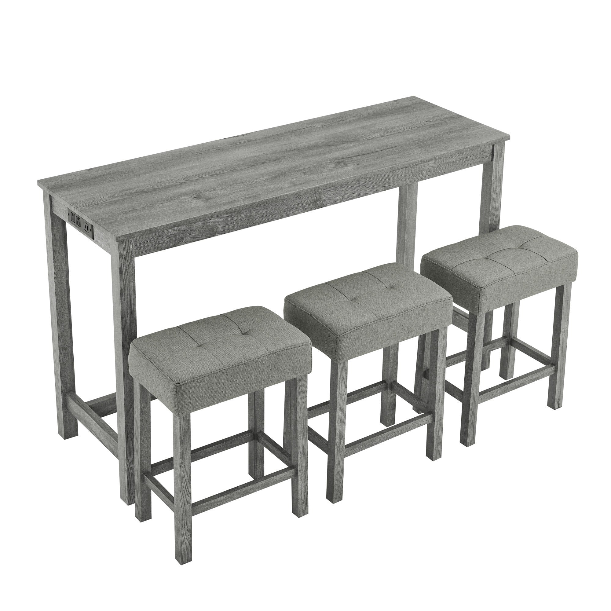 DEALTOPS 4-Piece Bar Table Set with Charging Station, 59" Counter Table with 3 Soft Stools for Small Space, Antique Gray