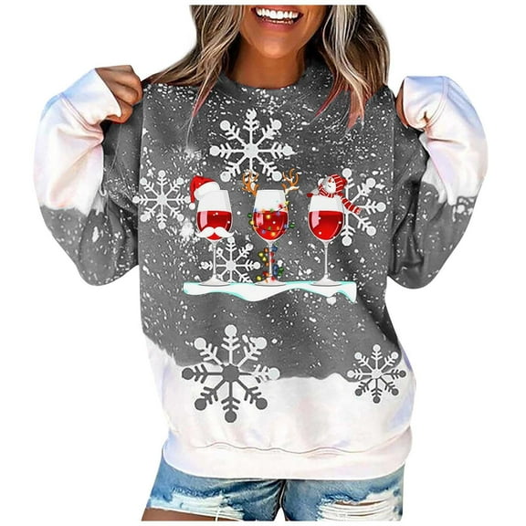 Black_Friday Deals 2024 Cyber_Monday Deals Dianli Christmas Shirt for Women Long Sleeve Round Neck Xmas Wine Glass Print Shirt Womens Tops Fashion Loose Shirts Soft Christmas Sweater
