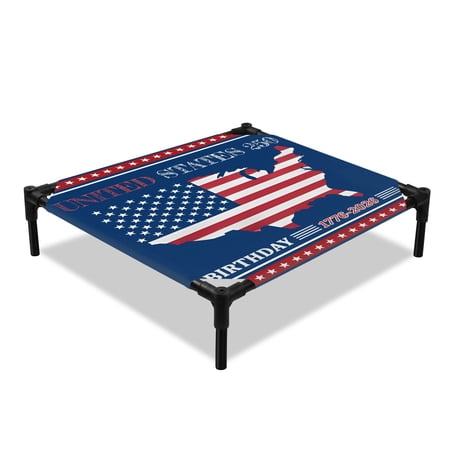 Independence Day Elevated Dog Bed Vintage Red Blue USA Map Navy Blue Cooling Breathable Outdoor Raised Dog Cot Bed with Metal Frame Non-Slip Feet for Small Dog 20x20in