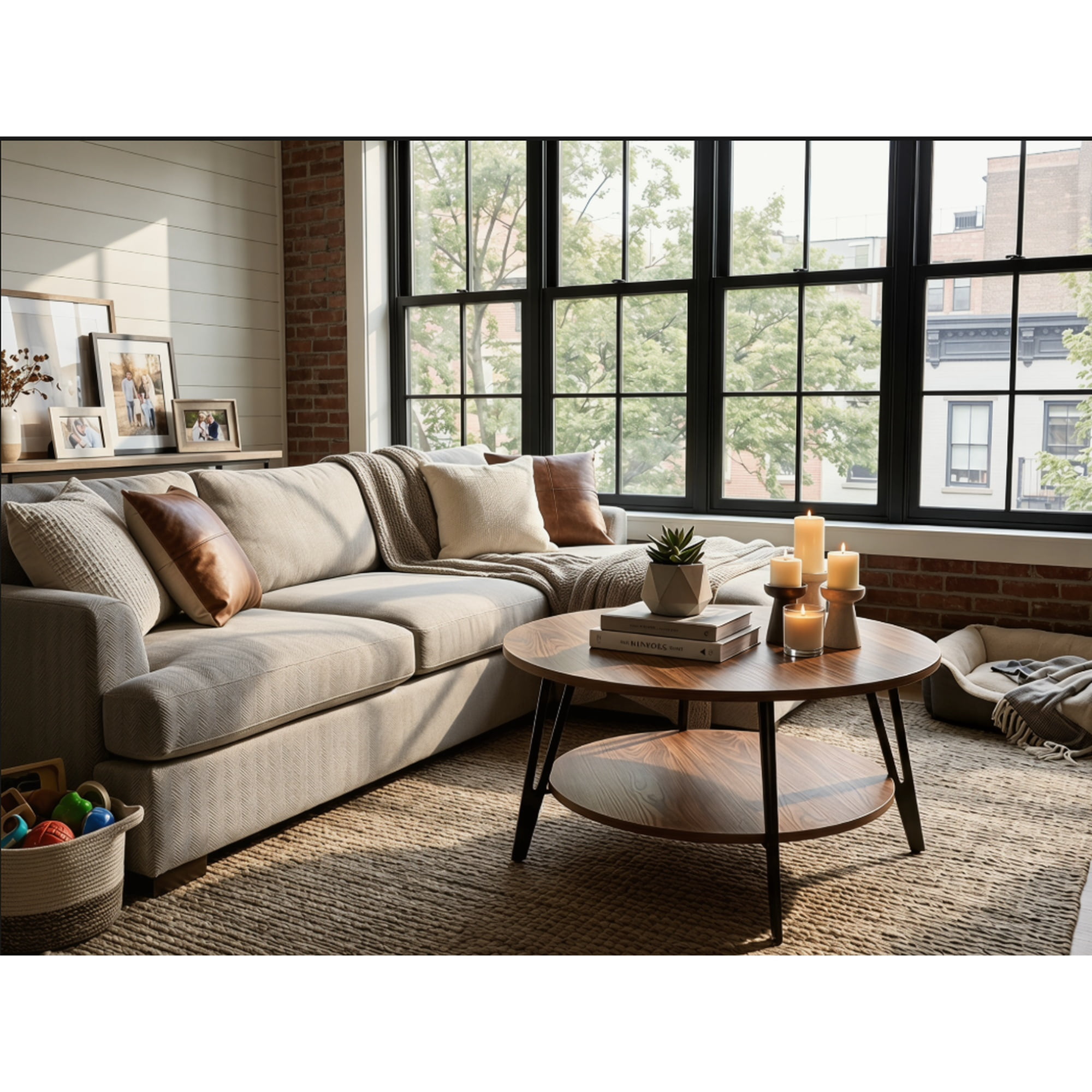 Manora Round Coffee Table with Storage 2-Tier Design, Vintage Coffee Table for Living Room, Walnut