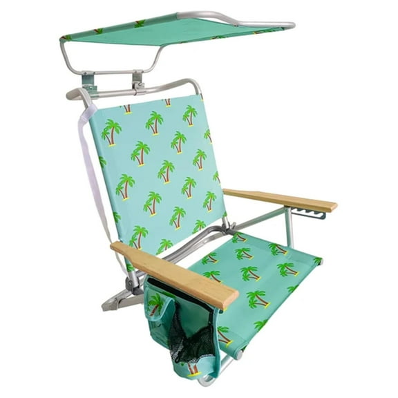 Folding Beach Chair with Canopy, BBC-351-PT Reclining Beach Chair, 5 Positions, Cup Holder, Phone Holder, Storage Pouch, 275lbs Capacity, Portable Beach Camping Chair