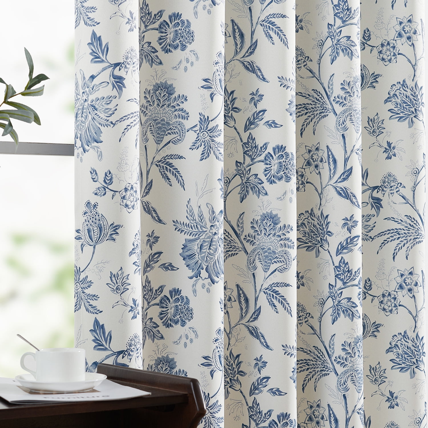 Curtainking Luxury Look Farmhouse Blue Floral Print Rod Pocket Blackout Curtains, 96" (2 Panels)
