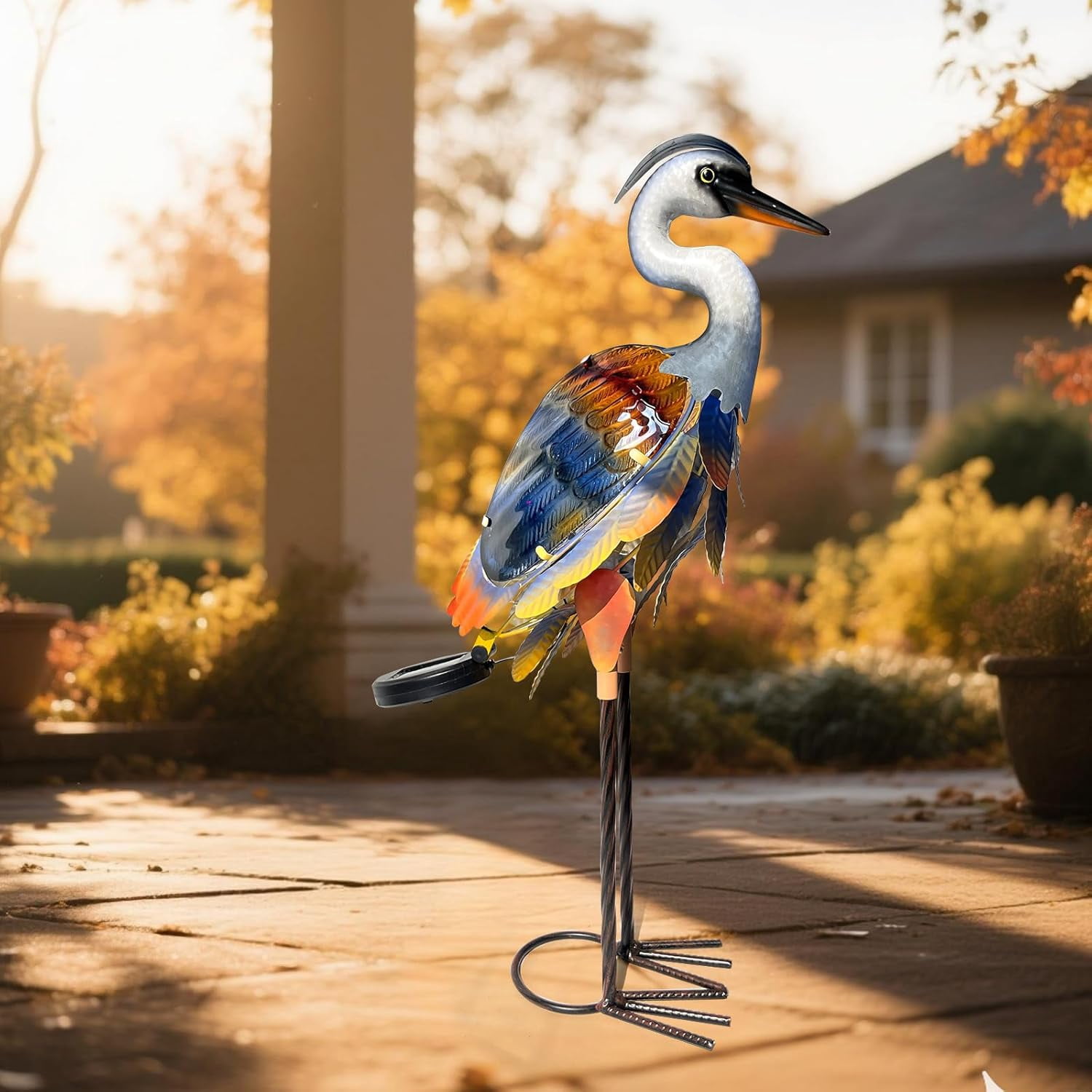 Solar Heron Metal Crane Statue Garden Heron Sculpture, Glass Outdoor Crane Yard Art Coastal Ocean Bird Decor 24 Inch Lawn Ornament for Backyard Porch Patio Decor