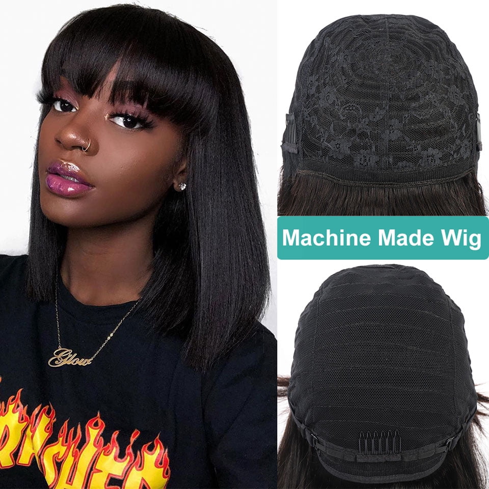 DOPI Fashion Women Short Straight Black Wig with Bangs, 12 Inches（Synthetic Wig）