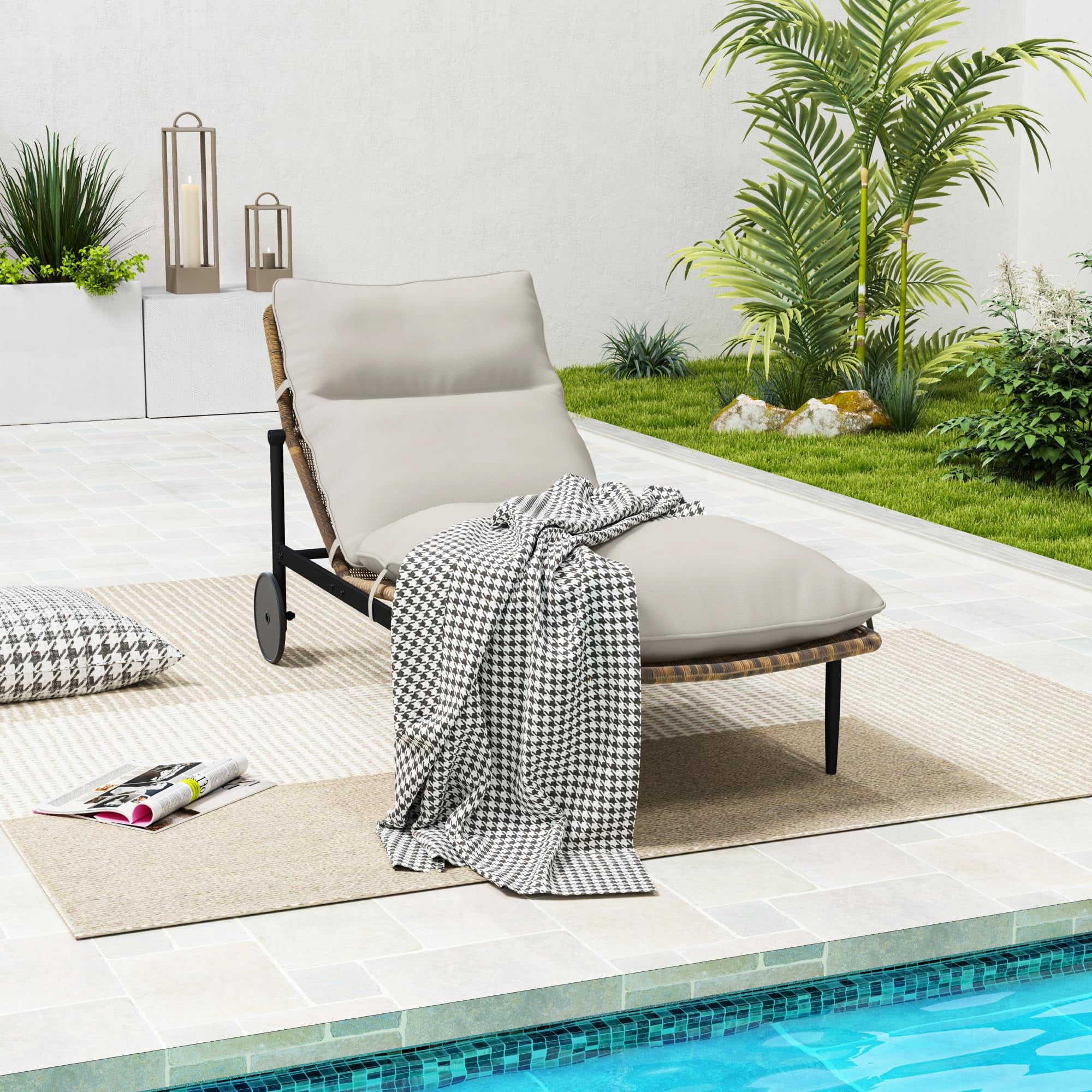 Outdoor Chaise Lounge Chair PE Rattan Wicker Patio Lounger with Cushion Wheels Aluminum Frame Poolside Reclining Chair for Backyard Deck Porch, Beige