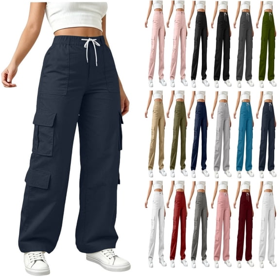 JUSLIO Pants for Women Multi-Pocket Casual Trousers High Waist Wide Leg Cargo Pants,Blue,L