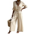 thumbnail image 2 of Wide Leg Pants Women's Fashion Solid V-Neck Short Sleeve Beach Vacation Pockets Button Long Jumpsuit Beige 2XL, 2 of 6