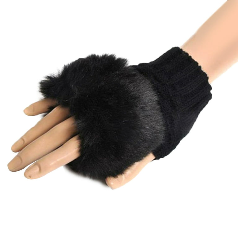 HEVIRGO Fashion Women Faux Rabbit Fur Hand Wrist Warmer Winter Fingerless  Knitted Gloves Faux Fur, Woolen Yarn