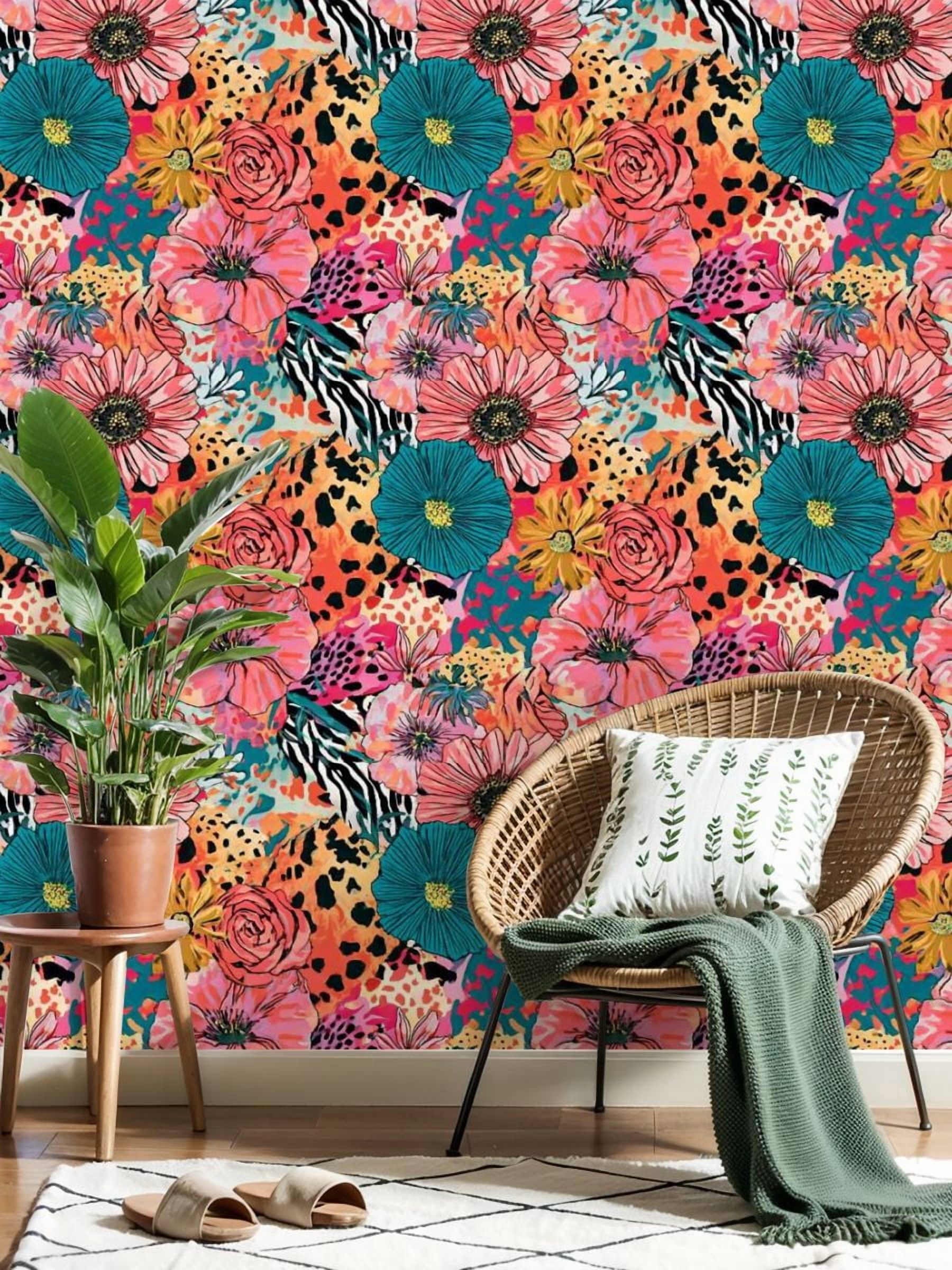 Peel and Stick Wallpaper 23.6in x 9.8ft Colorful Floral Animal Print Seamless Tropical Flowers Contact Paper Vinyl Self-Adhesive Removable Wall Paper for Bedroom Bathroom Renter Friendly