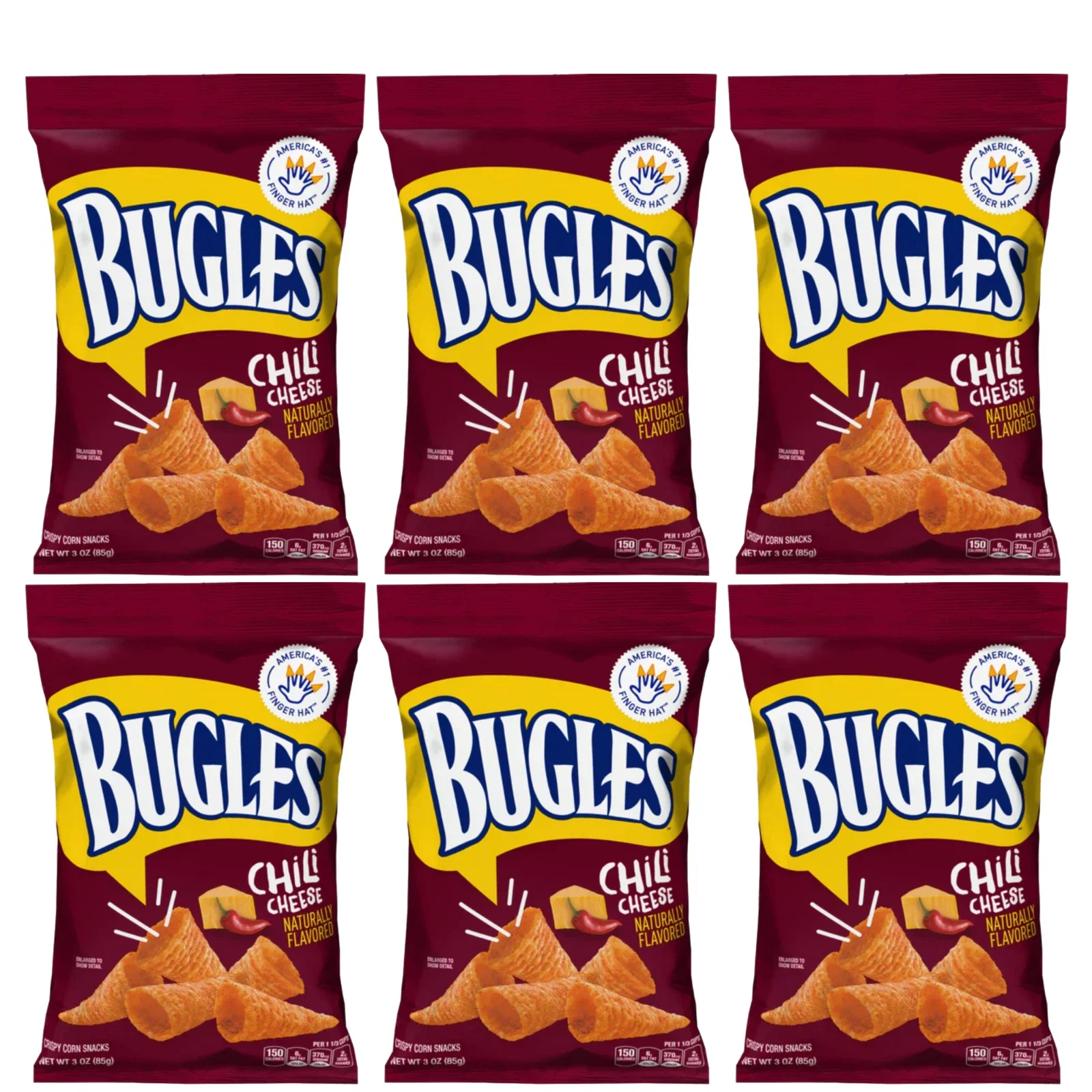 Bugles Chili Cheese Crispy Corn Snacks 6 Pack, Cone-Shaped Spicy Cheesy Snack, 3 oz Bags