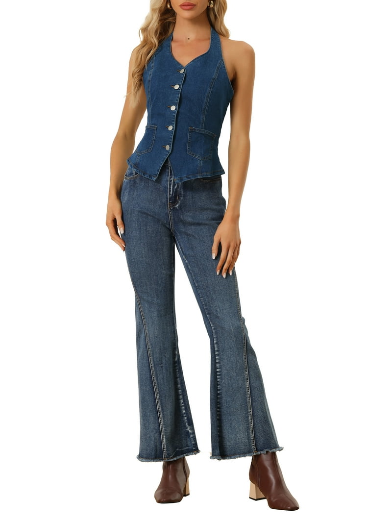INSPIRE CHIC Women's Denim Vest Halter Neck Button Down