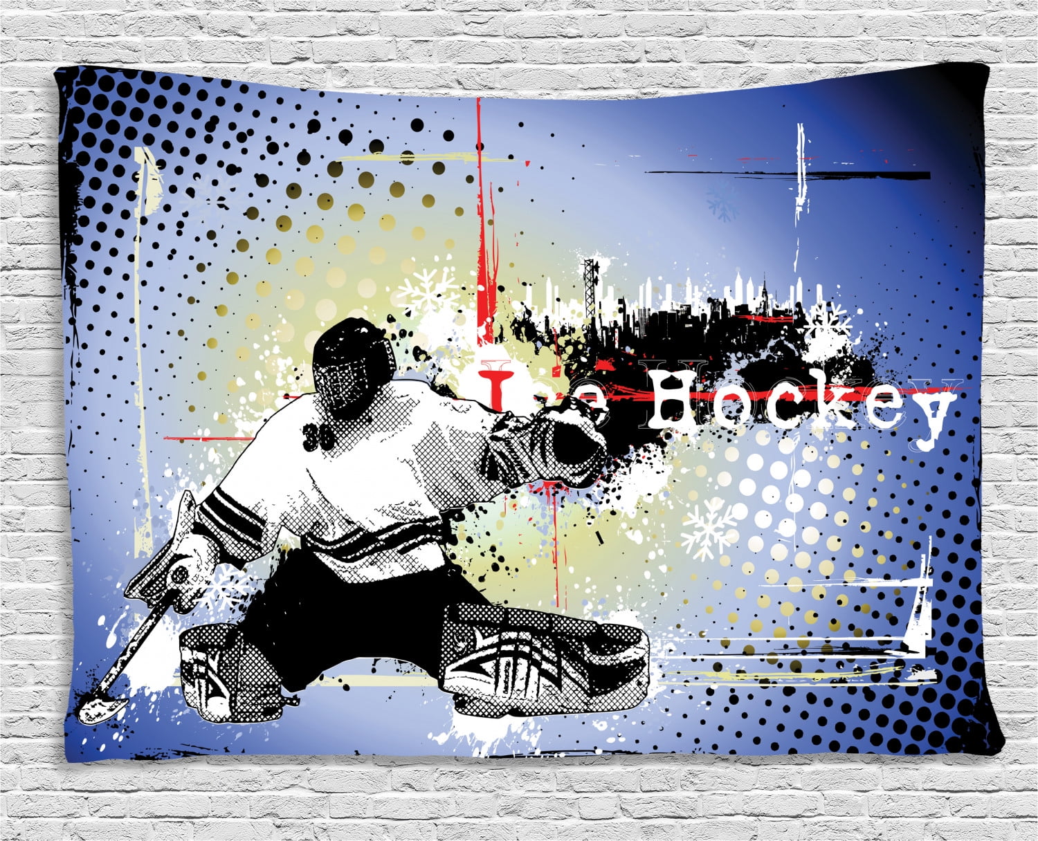 Hockey Tapestry, Retro Halftone Style Backdrop with Player Figure Snowflakes and Cityscape