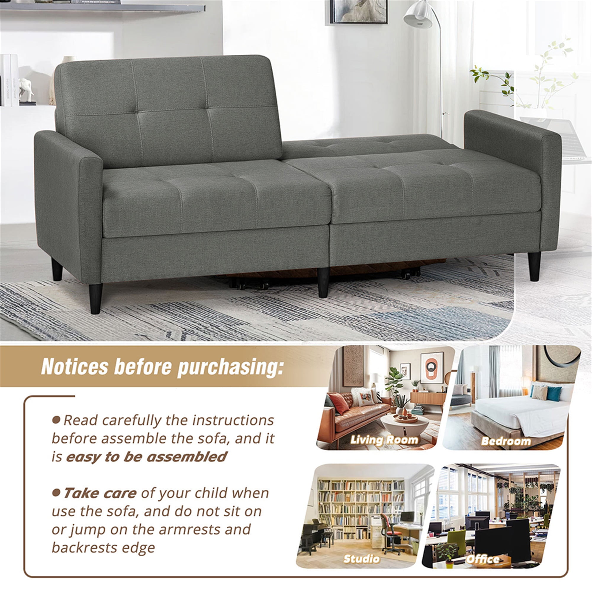 Kadyn Loveseat Sofa Bed, Mordern Convertible Sofa with Adjustable Backrest and Wooden Legs, 2-Seat Couch for Bedroom, Grey Kadyn Loveseat Sofa Bed, Mordern Convertible Sofa with Adjustable Backrest and Wooden Legs, 2-Seat Couch for Bedroom, Grey