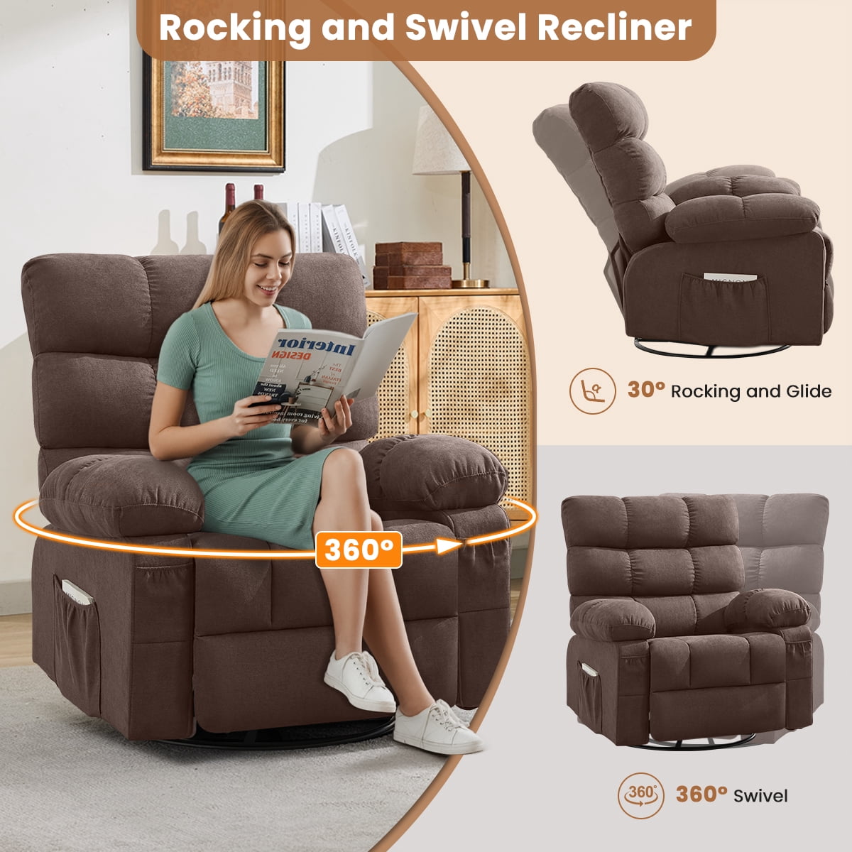 360° Swivel Manual Rocker Recliner Chair with Side and Front Pockets