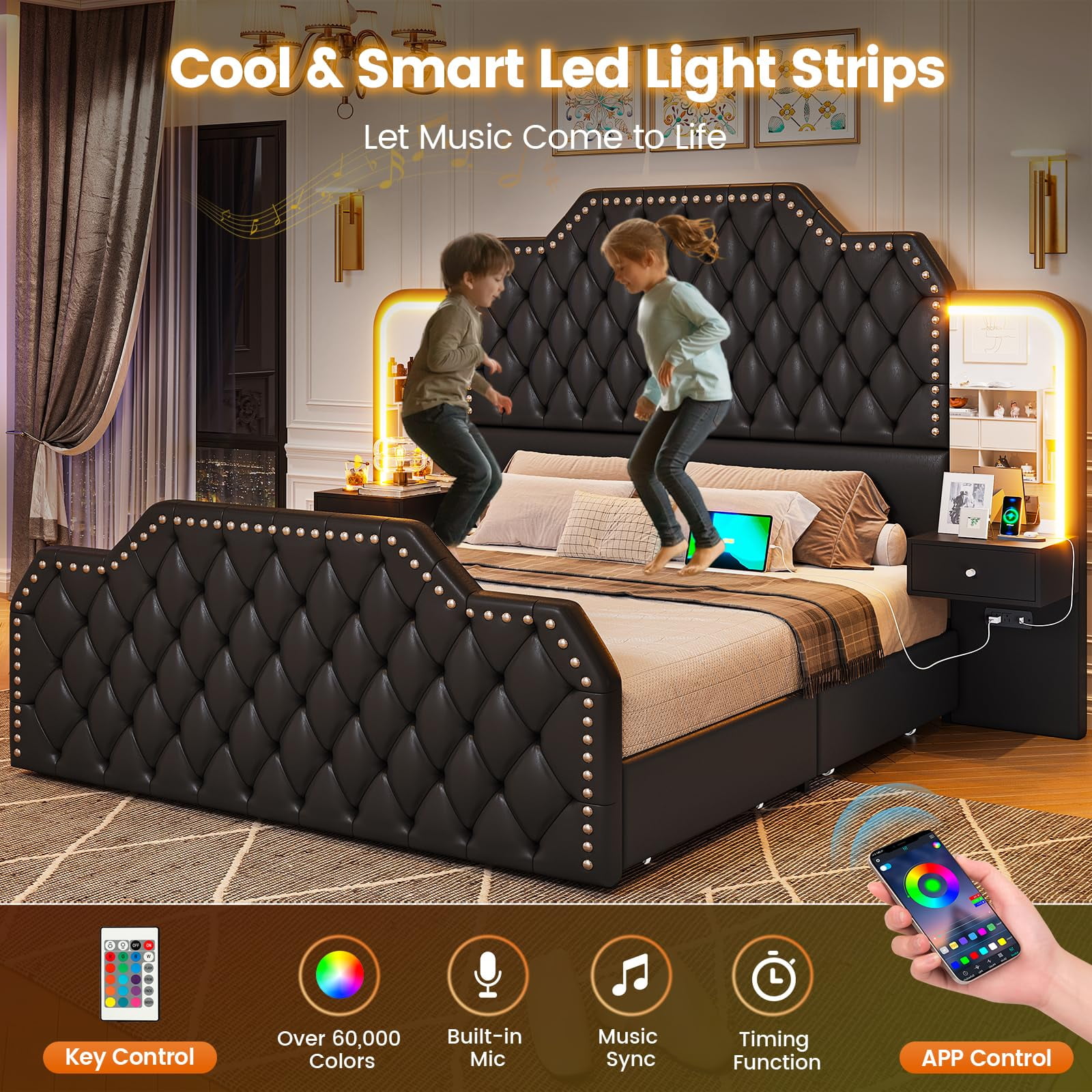 Queen Bed Frame with 2 Nighstands, Power Outlets and 4 Drawers, Upholstered Bed with Vanity Tables and Mirrors, Modern Velvet Tufted Platform Bed with Headboard & Footboard, Black