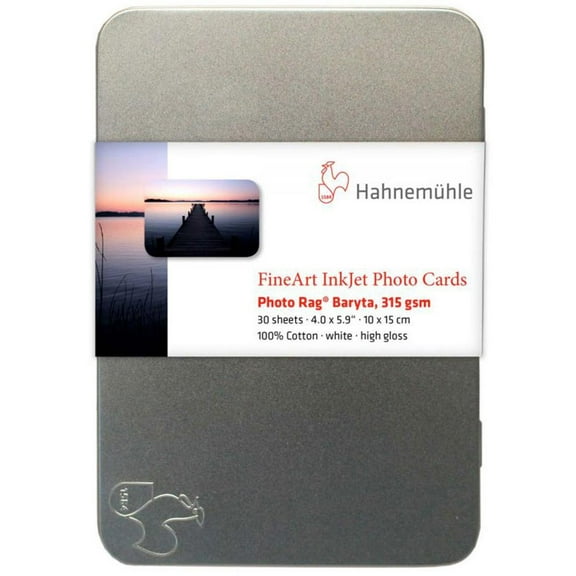 Hahnemuhle Photo Rag Baryta 315, 100% Cotton High Gloss, Natural White Inkjet Paper, 315gsm, in Tin Box 4" x 6" - 30 sheets
