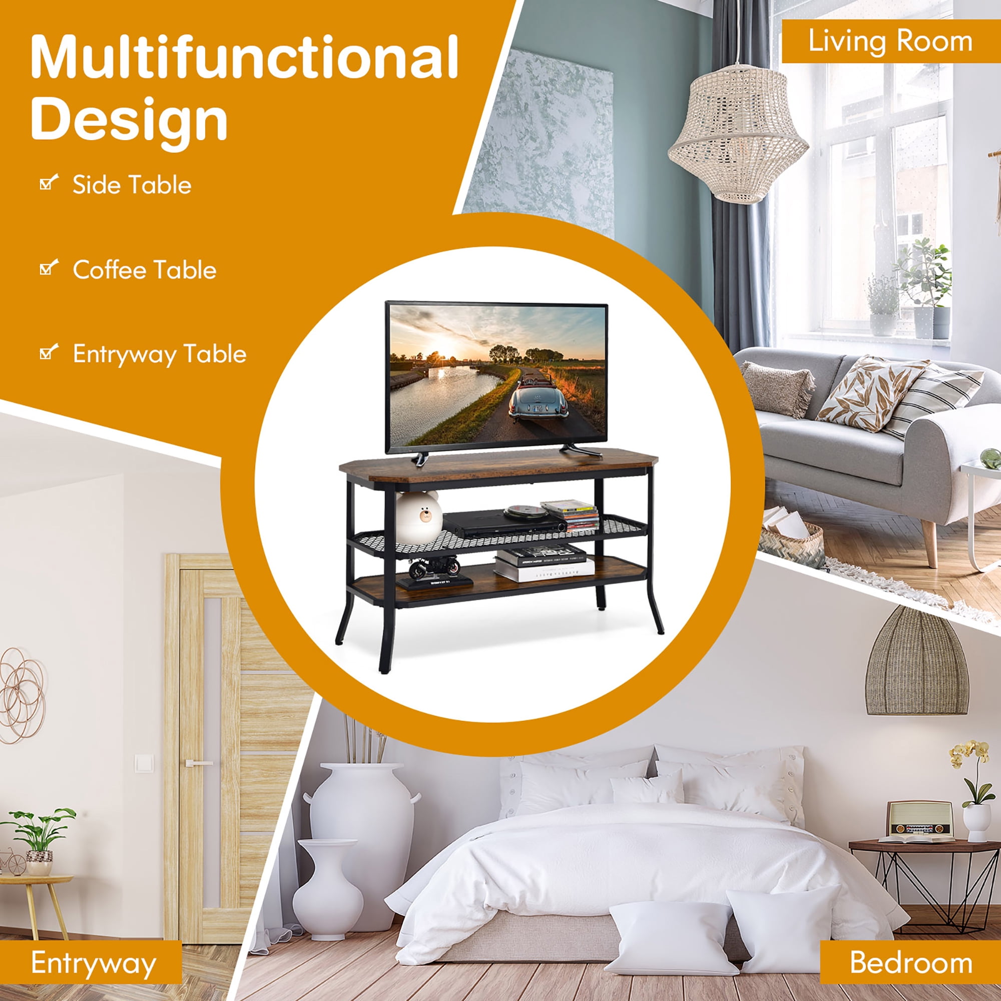 Costway 3-tier TV Stand Console Table Media Entertainment Center w/Mesh Storage Shelf