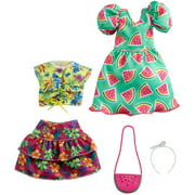 ​Barbie Fashions 2-Pack Clothing Set for 9" Barbie Doll with Watermelon-Print Dress, Floral Skirt, Tropical Tank & 2 Accessories,