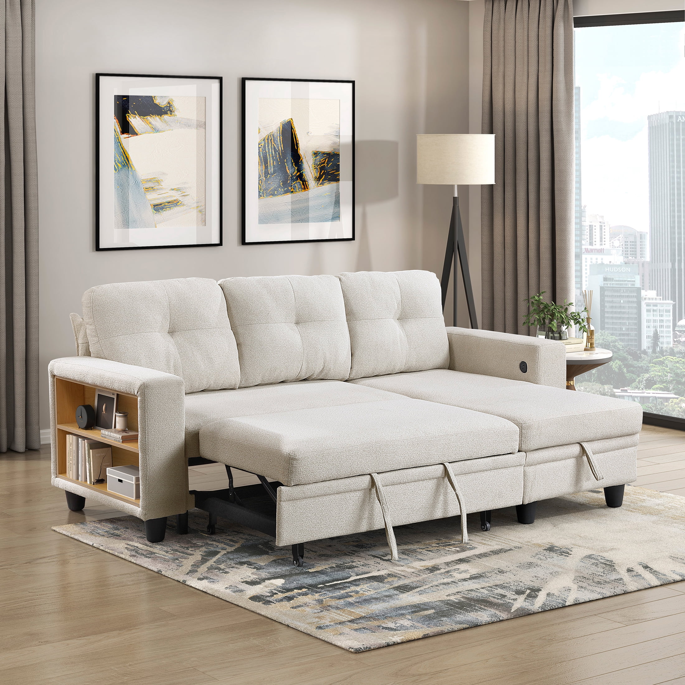 OakvillePark Vessarion Boucle Sectional with Reversible Chaise, Pull-out Bed, Shelves and Charging Ports, Beige