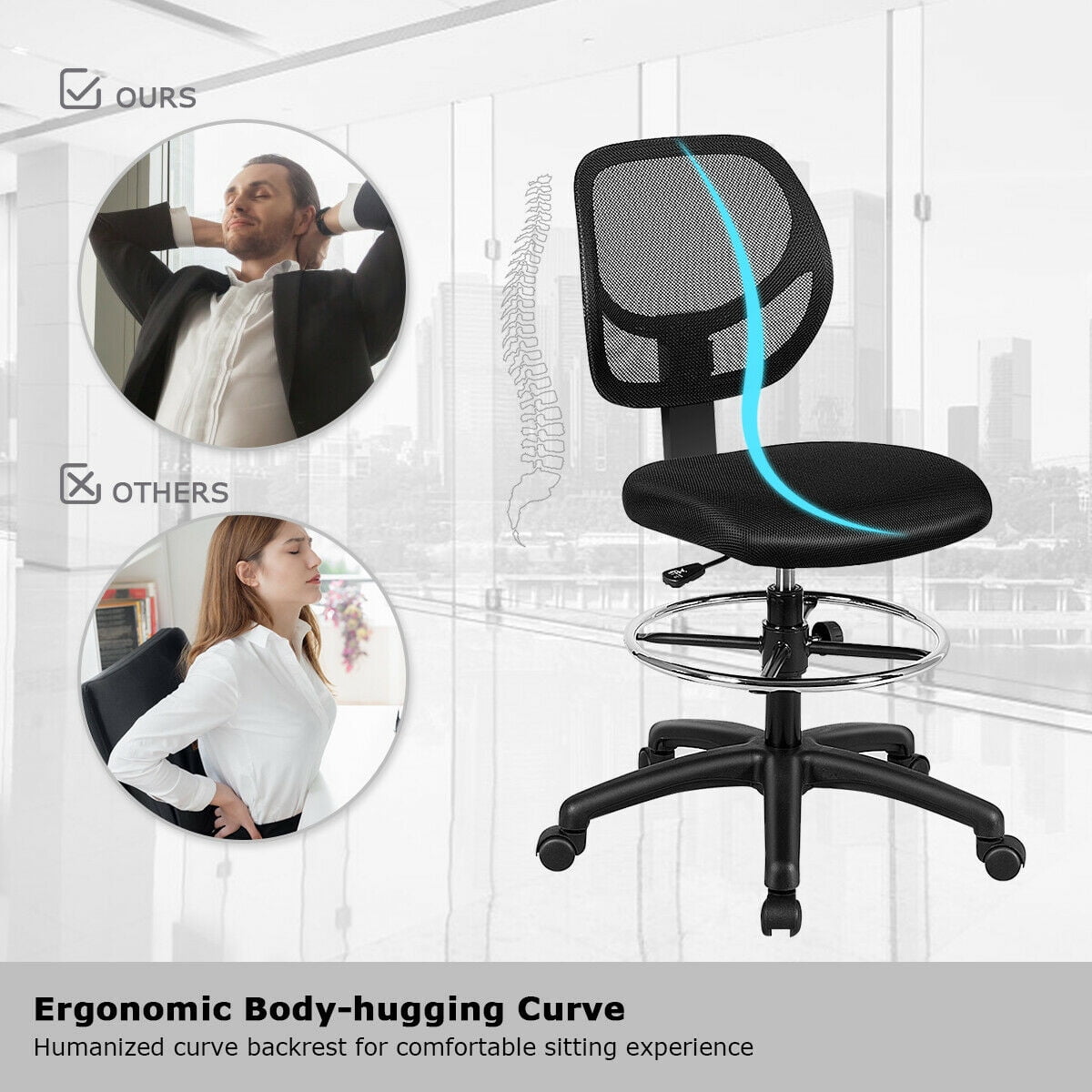 Gymax Mesh Drafting Chair Mid Back Office Chair Adjustable Height w/Footrest Armless