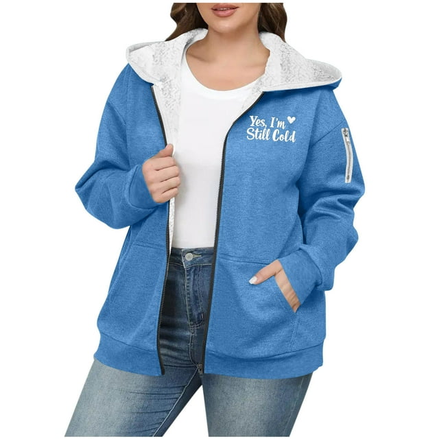 Sweaters for Women: Large Size Solid Color Zipper Hooded Plus Velvet Thickened Jacket, Drop Shoulder Long Sleeve for Cold Weather