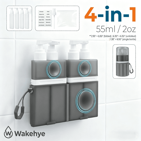 4 in 1 Travel Dispenser Bottle, Refillable Leak Proof Travel Toiletry Container with Vacuum Silicone Suction Cup for Smooth Wall for Shampoo Conditioner Body Wash Lotion