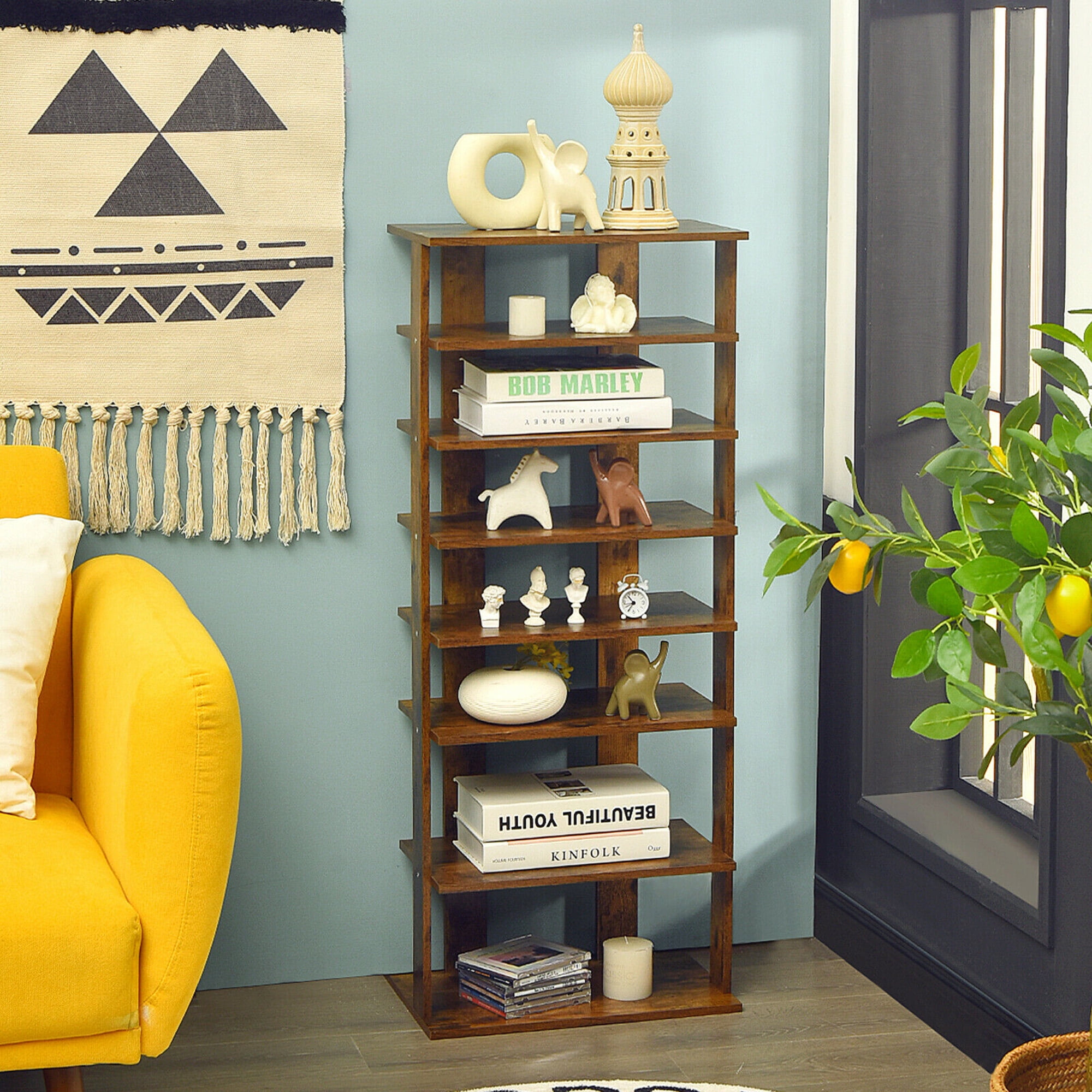 Gymax 7-Tier Free Standing Shoe Rack, Wood, Rustic Brown