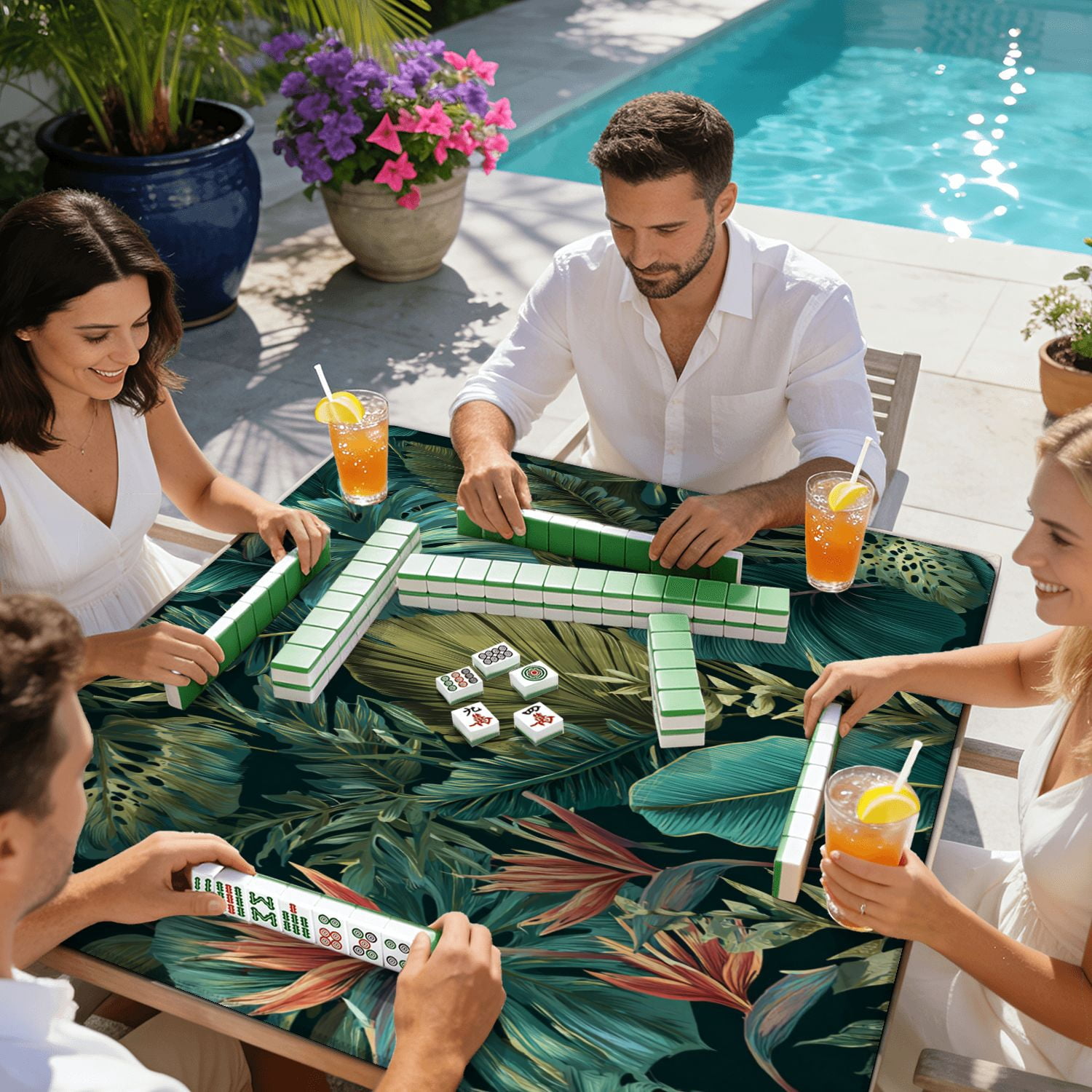 Mahjong Mat 31.5" x 31.5" palm frond Tropical leaves seamless Banana leaf Non-Slip Noise Reduction American Mahjong Tiles Table Cover for Dominoes Poker Card Board Games Gift