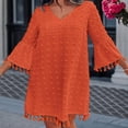 thumbnail image 6 of Staron Women's Casual Solid Jacquard Tassel V-Neck 3/4 Sleeve Dress Fashion Loose Party Vacation Boho, Orange M, 6 of 7