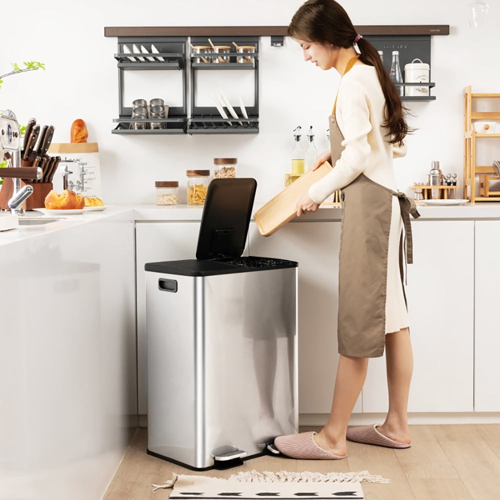 Spaco 2 x 8 Gal Dual Compartment Trash Can-Silver, Kitchen Trash Can for Office, Silver