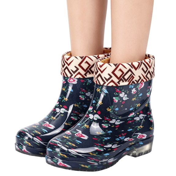Domuza Women Floral Printed Fleece Lined Short Ankle Rain Boots, Waterproof Non Slip Rubber Sole Warm Lined Rain Shoes for Outdoor Gardening Walking Rainy Days Blue 6.5(EU-37)