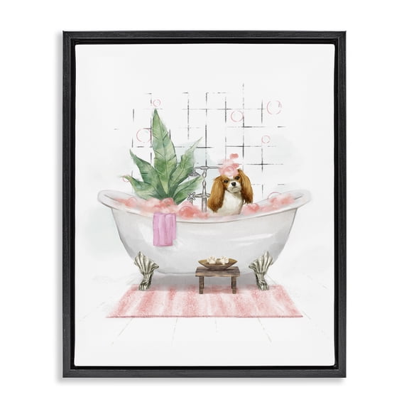 Stupell Industries Puppy in Bathtub Pastel Bath & Laundry Painting Black Floater Framed Canvas Art Print Wall Art, 17 x 21