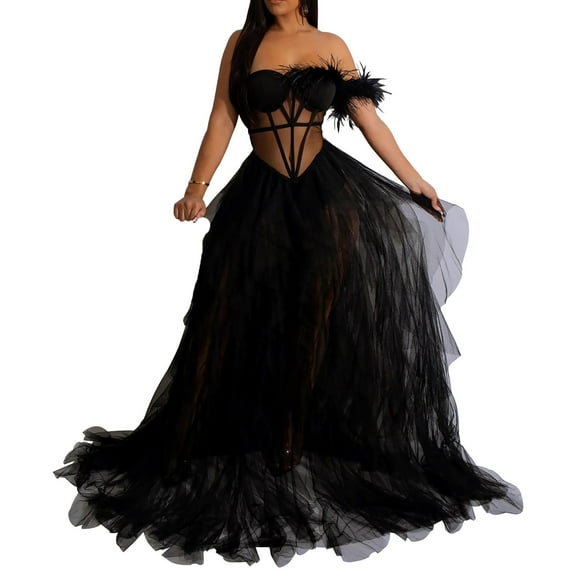 Oplxuo Women's Sexy Strapless Tulle Maxi Dress with Slit, Mesh See Through Corset Tube Sheer Cocktail Party Dresses