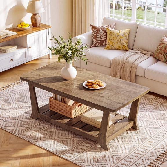 47.2" Farmhouse Coffee Table with 2-Tier Slatted Shelf, Rustic Wooden Center Table for Living Room Display