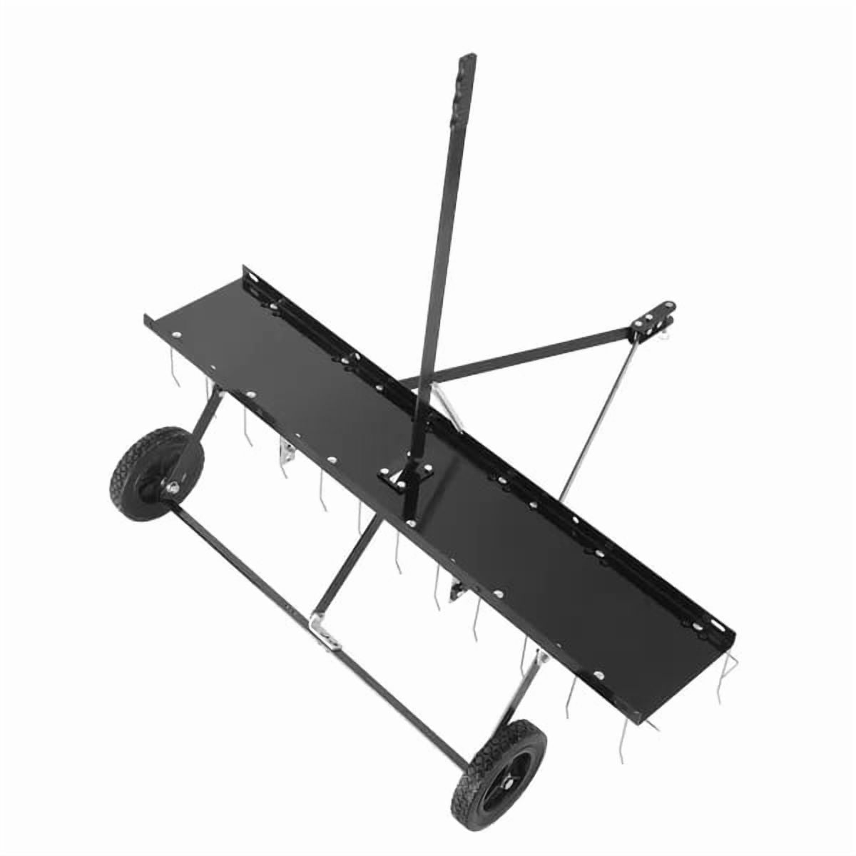 48-inch Tow Behind Dethatcher with 24 Spring Steel Tines, Tow Behind Lawn Rake with Lift Handle for ATV Mower Garden Farm