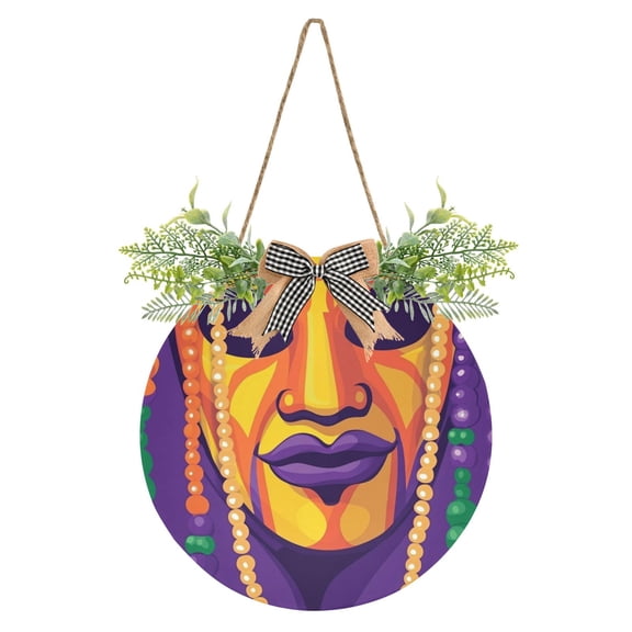 Mardi Gras Mask and Beads Front Door Porch Decoration Hanging Sign with Artificial Green Plants and Bow for Home Outdoor Indoor