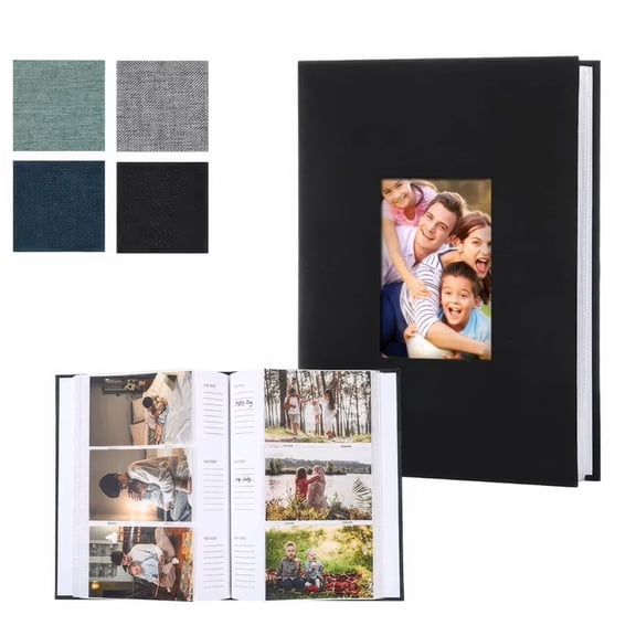 Photo Album 4x6, 300 Photos, Writing Space, Linen Cover, Front Window, Memory Book,Black