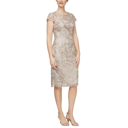 Alex Evenings Short Embroidered Dress with Cap Sleeve (Womens, Taupe, 14)