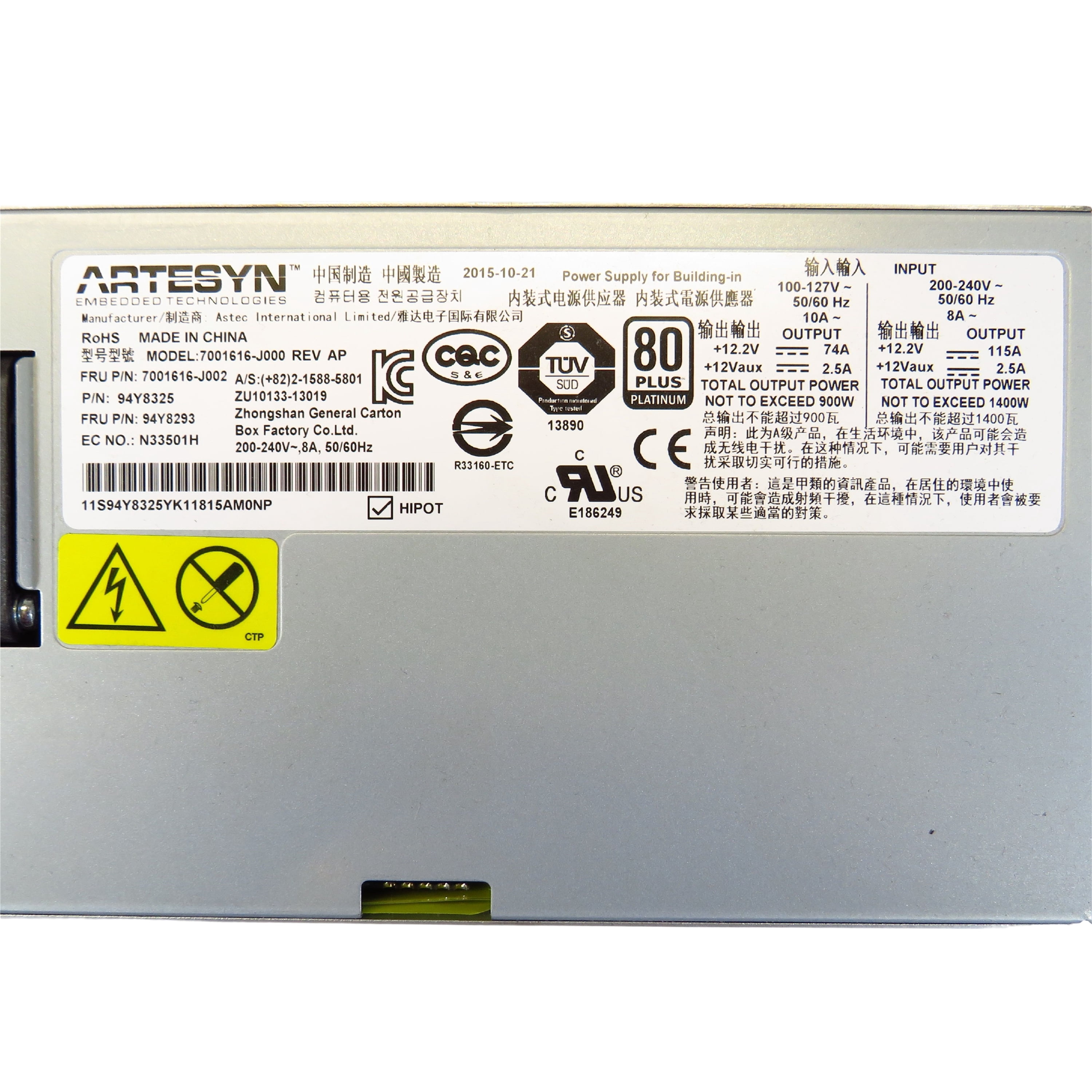 Pre-Ownded IBM 94Y8293 94Y8325 1400W x3850 x3950 X6 80 Plus Platinum Power Supply (Good)