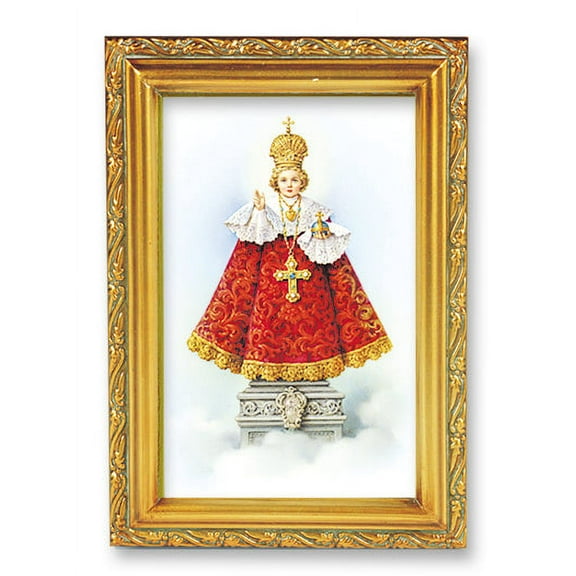 Infant of Prague Picture Framed Wall Art Decor Small, Antique Gold-Leaf Finished Frame with Acantus-Leaf Edging