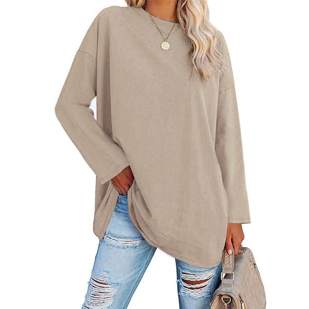 Coutgo Women's Long Sleeve Oversized T-Shirt Loose Casual Round Neck ...