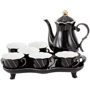 14 pcs Tea Set of 6 with Tea Tray & Spoons, Modern Diamond Design Tea/Coffee Cup Set with Golden Trim, Chic Porcelain Living Room Decor, Fine-china Teapot/Tea Party Set, Gift Package - Black