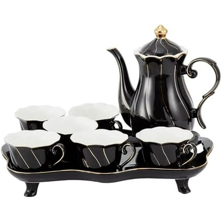 14 pcs Tea Set of 6 with Tea Tray & Spoons, Modern Diamond Design Tea/Coffee Cup Set with Golden Trim, Chic Porcelain Living Room Decor, Fine-china Teapot/Tea Party Set, Gift Package - Black