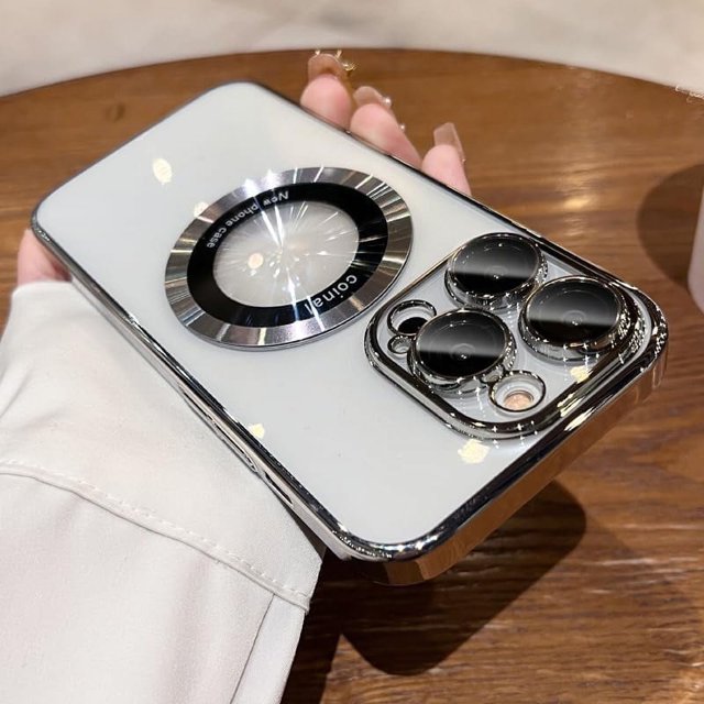 KOMI Magnetic Clear Case for iPhone 15 Pro Max (6.7") - MagSafe Wireless Charging Compatible, Full Proof Camera Protection, Shockproof Bumper, Anti-Scratch Shiny Back, Waterproof Protection Silver