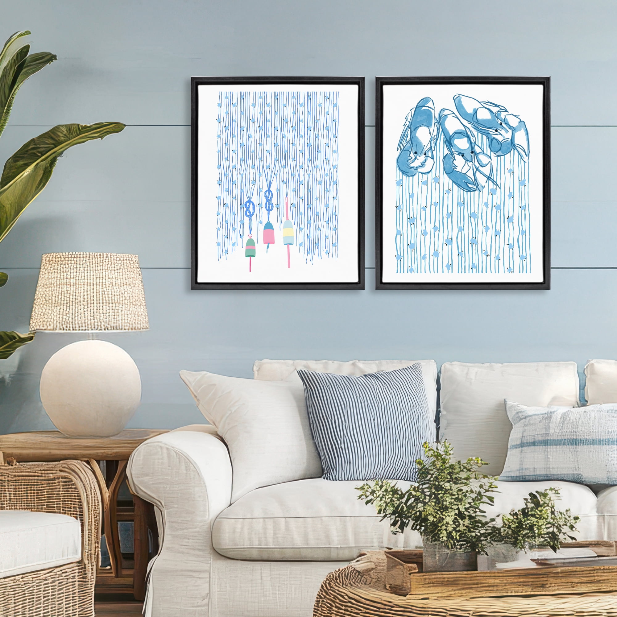 Stupell Industries Nautical Buoys & Lobsters 2 Piece Black Framed Floater Canvas Set, design by Melissa Tilley
