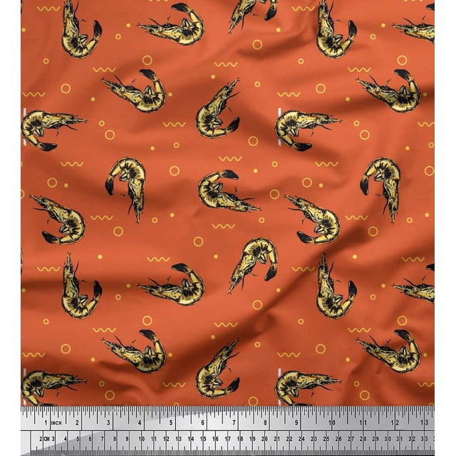 Soimoi Satin Silk Fabric Circle,Dot & Prawns Ocean Fabric Prints by Yard 42 Inch Wide