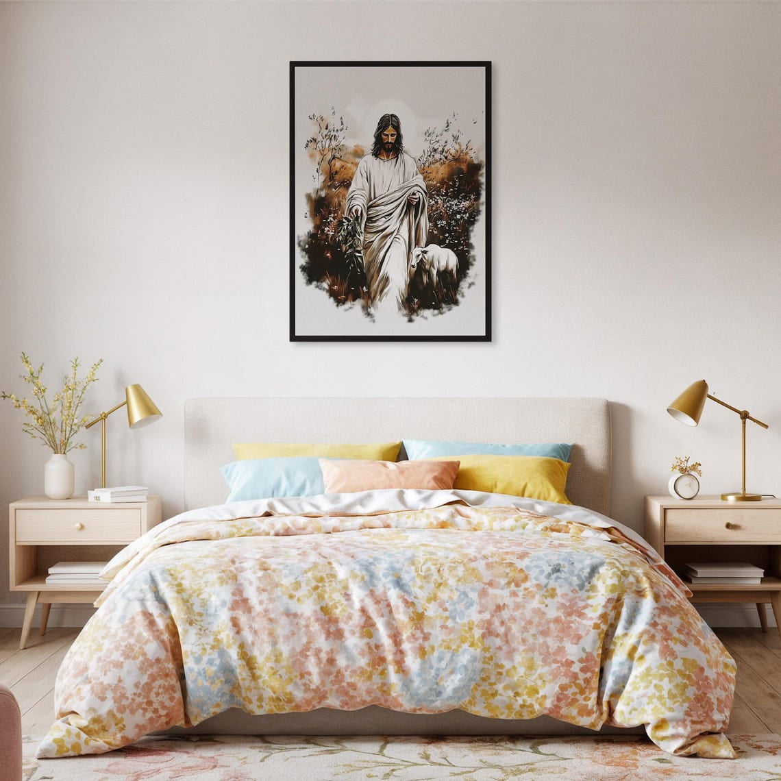 Christian Wall with Jesus and Lamb Religious Poster for Faith Home Decor Comforting Pastoral for Believers or Family