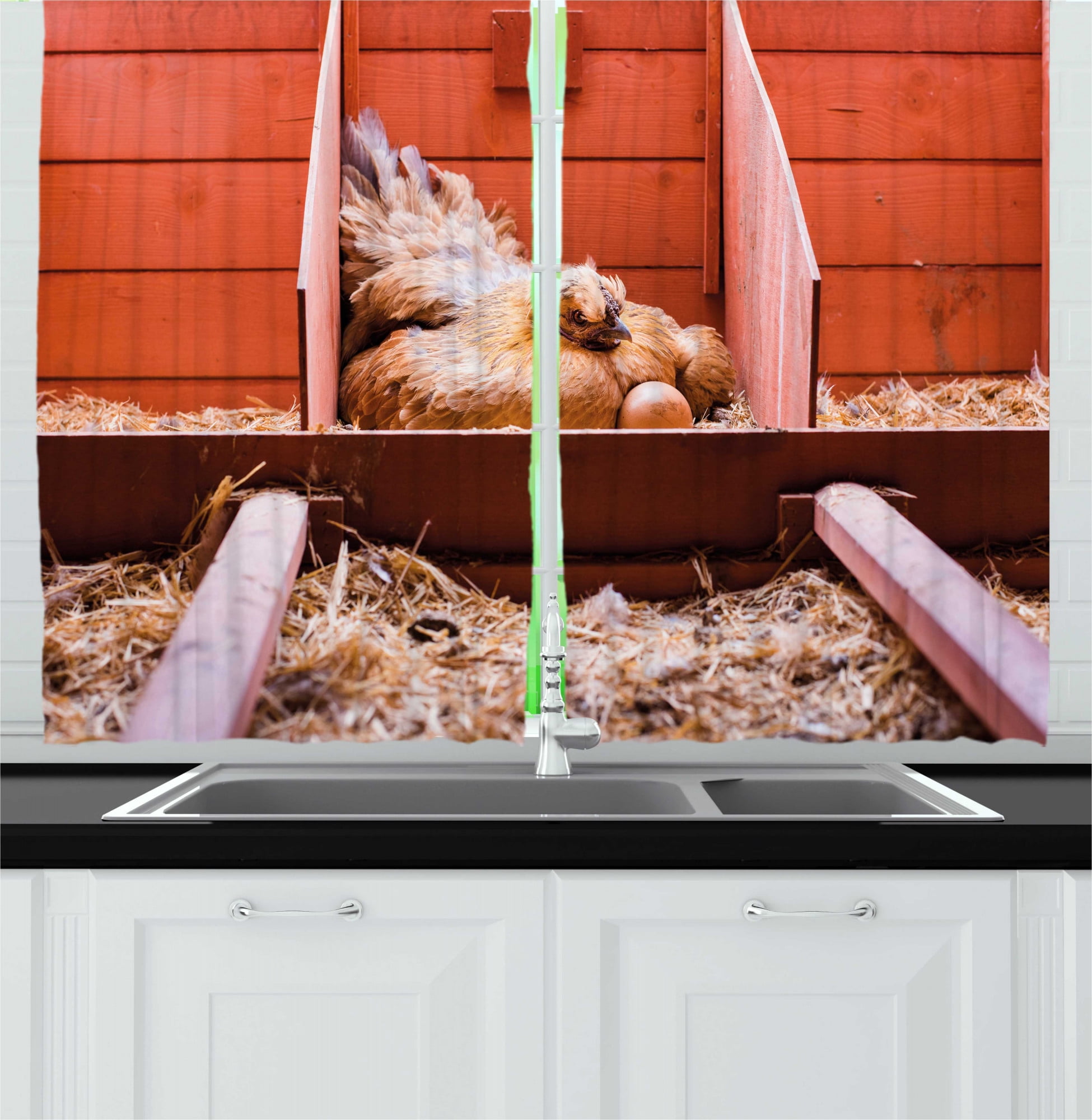 Farm Animal Kitchen Curtains, Husbandry Photo with Laying Hen