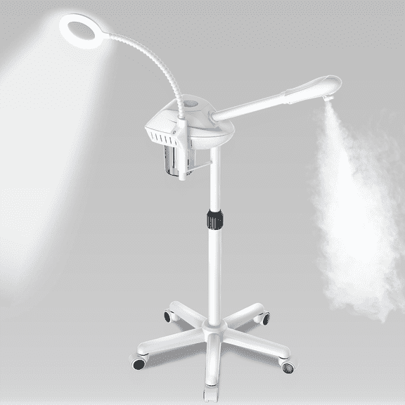 Professional Facial Steamer, 2 in 1 Facial Steamer on Wheels with 5X Magnifying Lamp, Steamer for Face Adjustable Height, Steamer for Facial for Salon, Spa and at Home Use, White